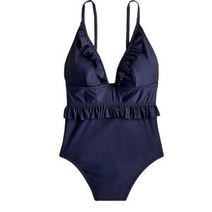 J. Crew Women’s size 10 Ruffle deep-V one-piece swimsuit Navy Blue